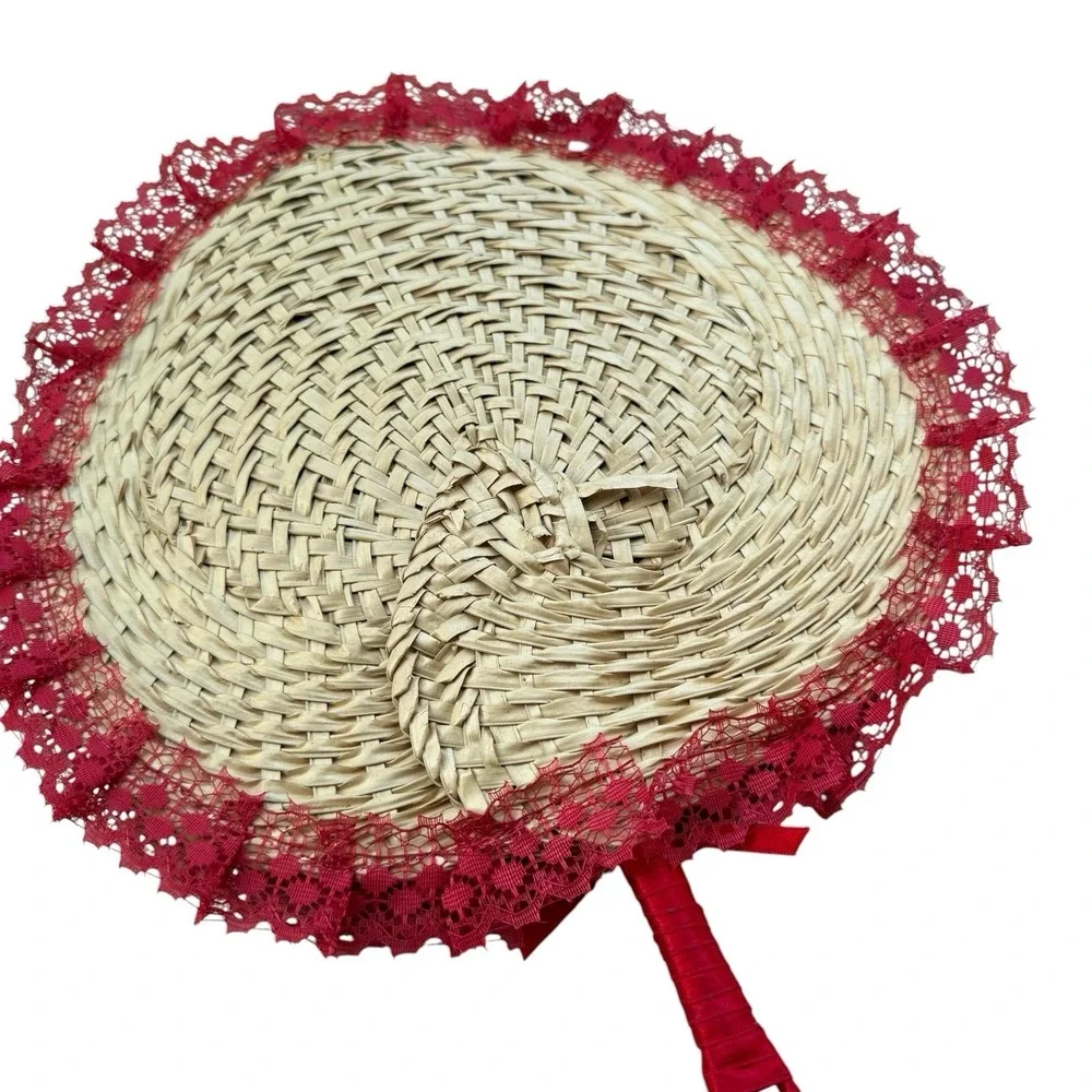 Decorative Woven Straw Hand Fan Red Lace Rose Ribbon Victorian Style